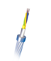 Przewód OPGW z centralną jednostką optyczną z aluminium zawierającą wewnętrzne tuby zawierające włókna światłowodowe i drutami ACS.